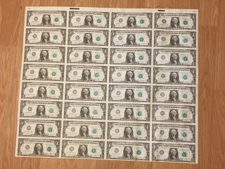 1985 Uncut Sheet 32 $1 One Dollar Bills U.  S.  Currency