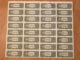 1985 Uncut Sheet 32 $1 One Dollar Bills U.  S.  Currency 3