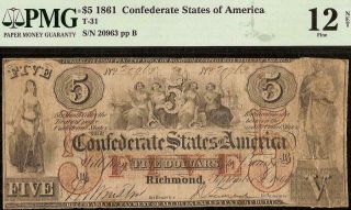 1861 $5 Bill Confederate States Currency Civil War Note Paper Money T - 31 Pmg 12
