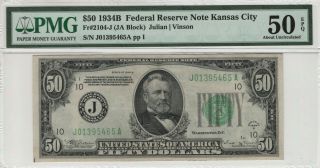 1934 B $50 Federal Reserve Note Kansas City Fr.  2104 - J Pmg About Unc 50 Epq (465a)
