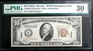 Fr 2303 1934 - A $10 Hawaii Wwii Emergency Note Lb Block Pmg 30 Very Fine