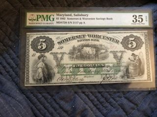 1862 Maryland Somerset And Worcester Bank 5 Dollar Note