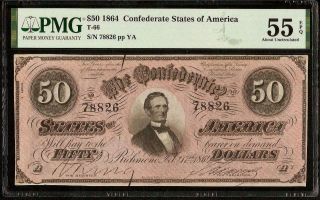 1864 $50 Dollar Confederate States Note Civil War Paper Money T - 66 Pmg 55 Epq