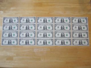 (5) Uncut Sheets Of U.  S.  One Dollar Federal Reserve Notes,  4 Notes Per Sheet