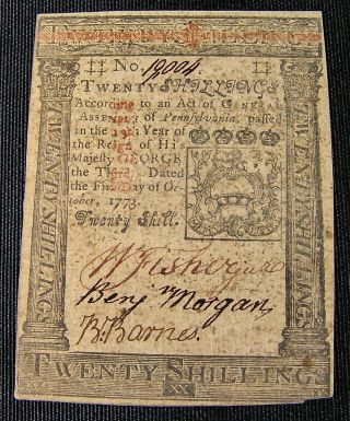 Us Colonial 20 Shilling Currency Note Pennsylvania 1773