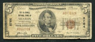 1929 $5 The Mcdowell National Bank Of Sharon,  Pa National Currency Ch.  8764