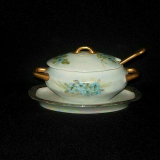 Hand Painted Mustard Relish Covered Bowl With Spoon Blue Forget Me Knots Signed