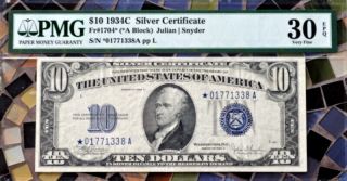 1934 C $10 Silver Certificate Star Note Pmg Vf 30 Epq Fr 1704