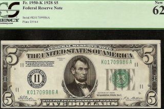 Unc 1928 $5 Dollar Dallas Numerical 11 Gold On Demand Fed Note Fr 1950 - K Pcgs 62