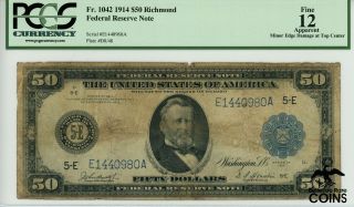 1914 United States $50 Richmond Federal Reserve Plate D8/48 Note Pcgs Fine 12