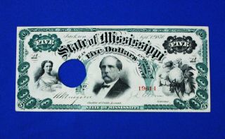 1870 $5 State Of Mississippi Obsolete Note Post - Civil War Jackson Note