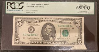 1988a $5 Dollar Bill Federal Reserve Note Miscut Cutting Error Fr.  1980 - K Nr