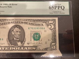 1988A $5 Dollar Bill Federal Reserve Note Miscut Cutting Error FR.  1980 - K NR 2
