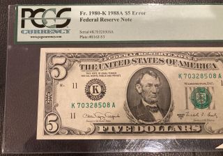 1988A $5 Dollar Bill Federal Reserve Note Miscut Cutting Error FR.  1980 - K NR 3