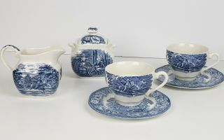 Staffordshire Liberty Blue Tea Cup & Saucer Set,  Sugar Bowl And Creamer