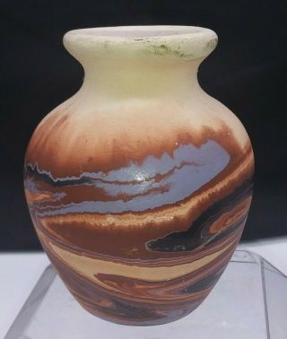Nemadji Pottery Vintage Brown Tan Rust And Blue Swirl Vase 4 " Tall