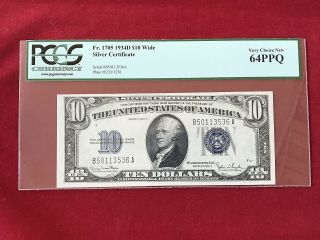 Fr - 1705 1934 D Series $10 Ten Dollar Silver Certificate Wide Pcgs 64 Ppq Cu