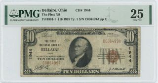 1929 Ty 1 $10 First Nb Bellaire Ohio Ch 1944 Pmg Vf 25