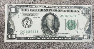 1928 $100 One Hundred Dollar Bill Federal Reserve Note Large Numeral 7