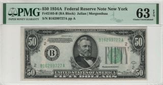 1934 A $50 Federal Reserve Note York Fr.  2103 - B Pmg Choice Unc 63 Epq (727a)