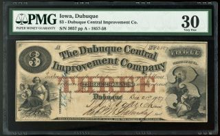 Obsolete Currency Dubuque,  Ia Central Improvement Co.  $3 Pmg Very Fine 30