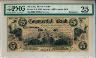 1858 $5 Commercial Exchange Bank Terre Haute Indiana Obsolete Note Pmg Vf 25
