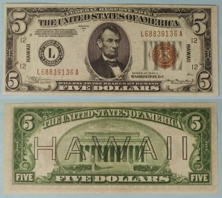 1934 A $5 Federal Reserve Note Hawaii Ch.  Xf Fr 2302 Wwii Issue 9136a