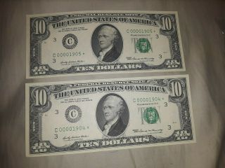 2 Consecutive Low Serial Number $10 Star Note 1969 Federal Reserve Note