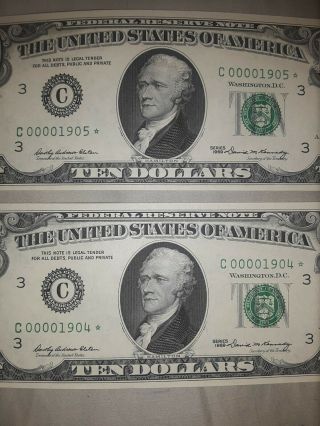 2 Consecutive Low Serial Number $10 Star Note 1969 Federal Reserve Note 3