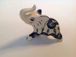 Polish Pottery Elephant 3 1/2 Inches Long Trunk Up Good Luck.