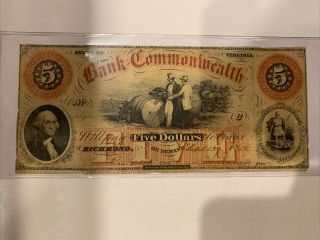 ❌1858 $5 Dollars Obsolete Currency Bank Commonwealth Note Richmond,  Va❌