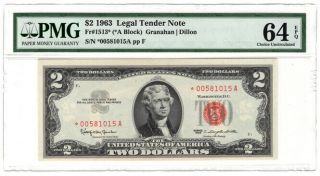 1963 $2 Us Legal Tender Star Note Fr.  1513,  Pmg Choice Unc.  64 Epq,  Y00005717