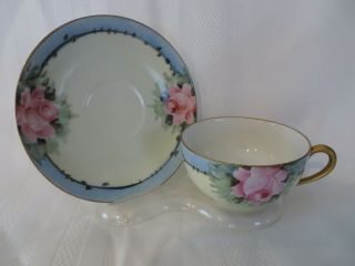 Nippon Japan Cup And Saucer Hand Painted Pink Roses