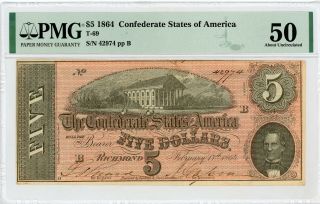 1864 T - 69 $5 The Confederate States Of America Note - Civil War Era Pmg Au 50