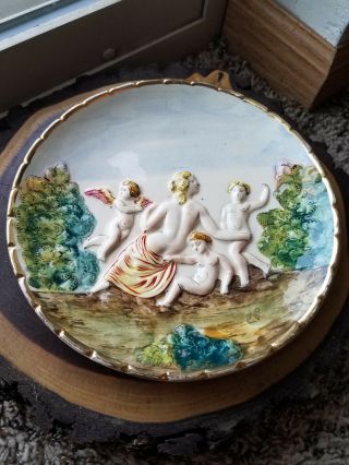 Vintage Capodimonte Porcelain Wall Hanging Plate With Cherubs And Woman 1950 