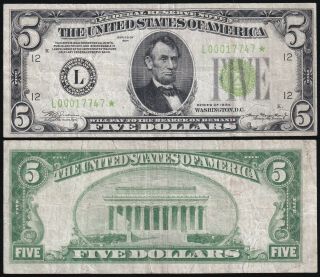 1934 $5 Federal Reserve Note (san Francisco).  Fr.  1955 - L Star