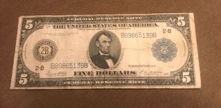 1914 $5.  York,  Federal Reserve Note,  Fine