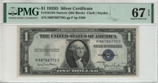 1935 D $1 Silver Certificate Hg Block Fr.  1613 N Narrow Pmg Gem Unc 67 Epq
