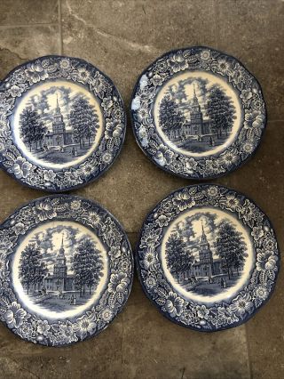 Set Of 4 Vintage Liberty Blue 10” Staffordshire Dinner Plates Independence Hall