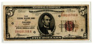 1929 National Currency Brown Seal $5 Chicago Low Serial 00105706 Circ - No Writing