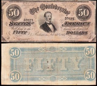 Scarce 1864 T - 66 $50 Csa Confederate Note 57621