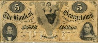 South Carolina Bank Of Georgetown $5 Dollars Obsolete Currency 1857