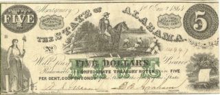 State Of Alabama $5 Dollars Obsolete Currency Banknote 1864 Au