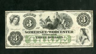 Us Paper Money 1862 $3 Somerset And Worcester Salisbury Md Obsolete