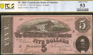 1864 $5 Dollar Confederate States Currency Civil War Note Money T - 69 Pcgs 53