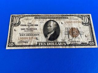 1929 Usa National Currency $10 Ten Dollars Federal Reserve Bank Of San Francisco