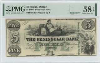 1860s $5 Peninsular Bank Detroit Michigan Obsolete Pmg Chau 58 Epq