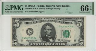 1969 A $5 Federal Reserve Note Dallas Fr.  1970 - K Ka Block Pmg Gem Unc 66 Epq (906a