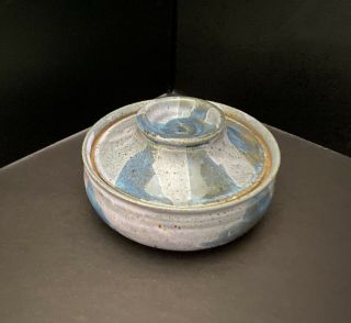Hand Thrown Studio Art Stoneware Pottery Casserole W/lid Multi Blues 7” Dia.