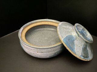 Hand Thrown Studio Art Stoneware Pottery Casserole w/Lid Multi Blues 7” Dia. 2